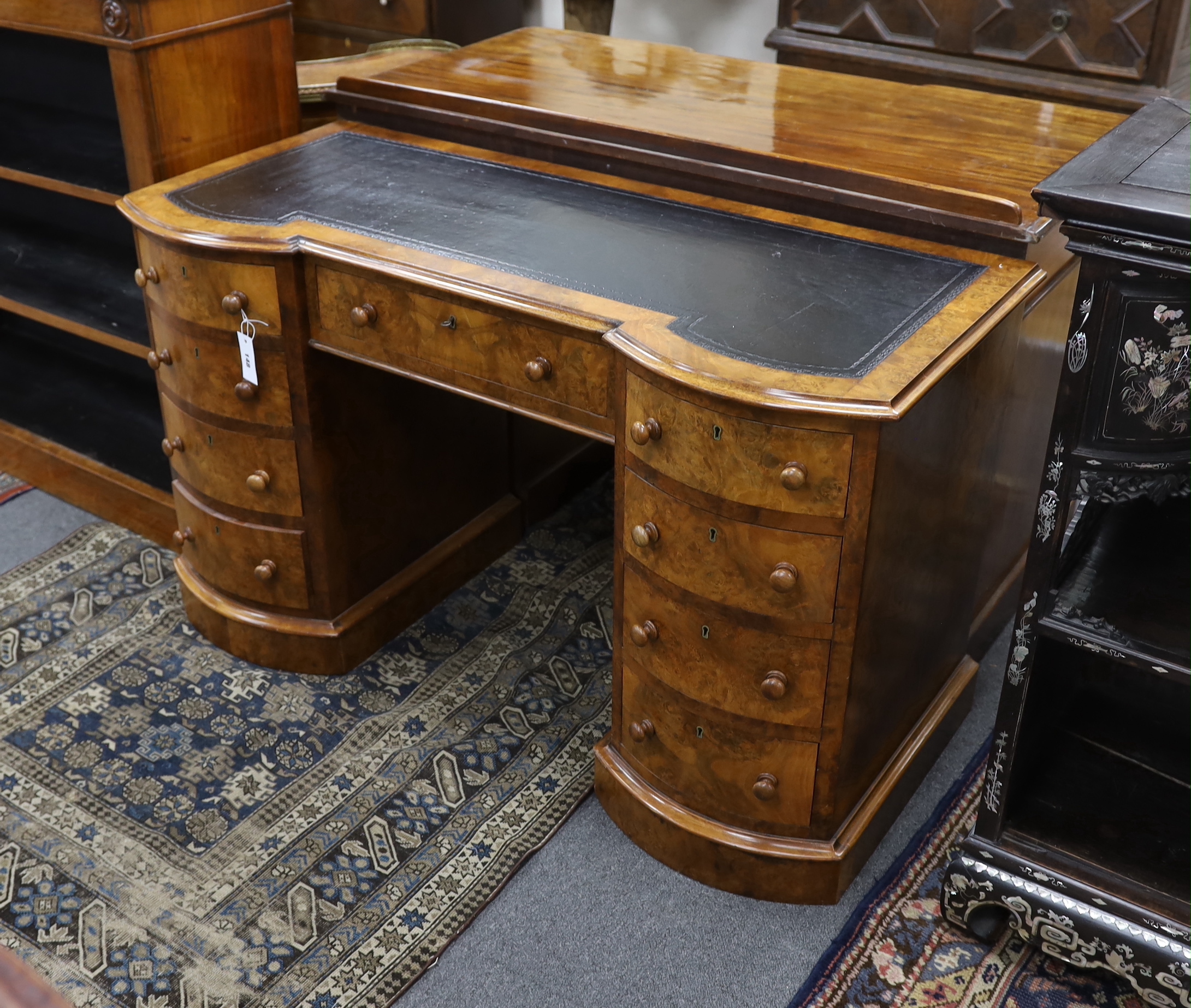 A Victorian burr walnut kneehole desk, width 119cm, depth 52cm, height 70cm together with an Edwardian inlaid low seat chair